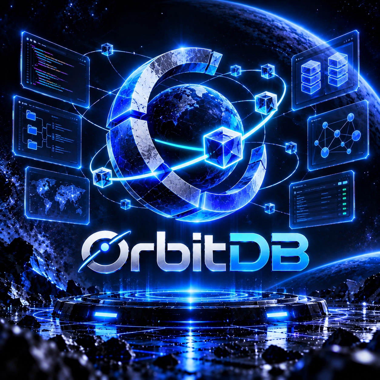 OrbitDB: an orbital ring and data blocks around a planet, surrounded by interface panels.